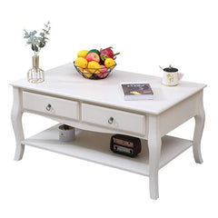 Masuta cafea 100x60x49 cm picioare lemn pin alb mdf 2 sertare raft depozitare