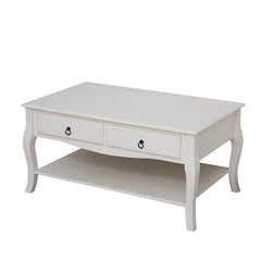 Masuta cafea 100x60x49 cm picioare lemn pin alb mdf 2 sertare raft depozitare