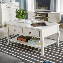 Masuta cafea 100x60x49 cm picioare lemn pin alb mdf 2 sertare raft depozitare