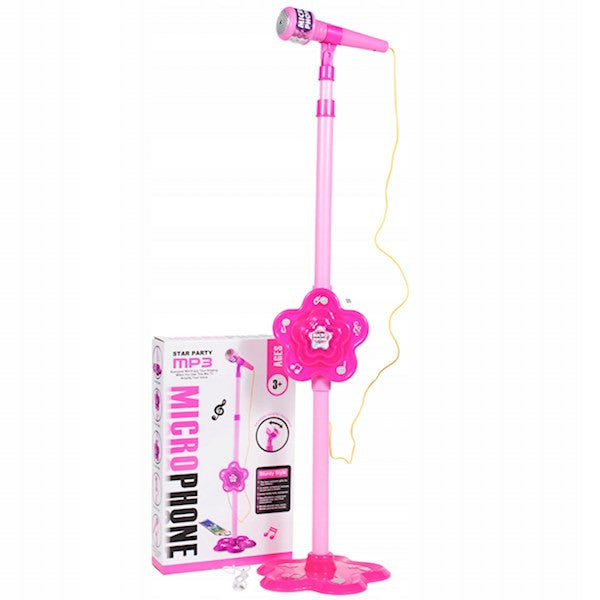 Microfon de jucarie cu stativ reglabil 106 cm amplificator voce mp3 conectare smartphone roz