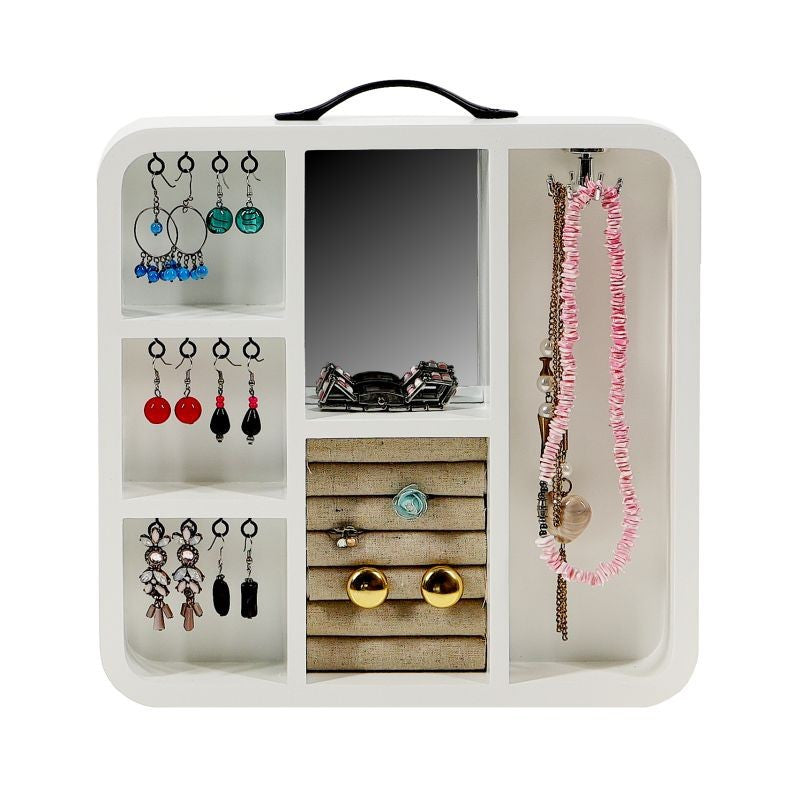 Organizator pentru bijuterii oglinda lemn alb maner role textil 29.6x30x4 cm