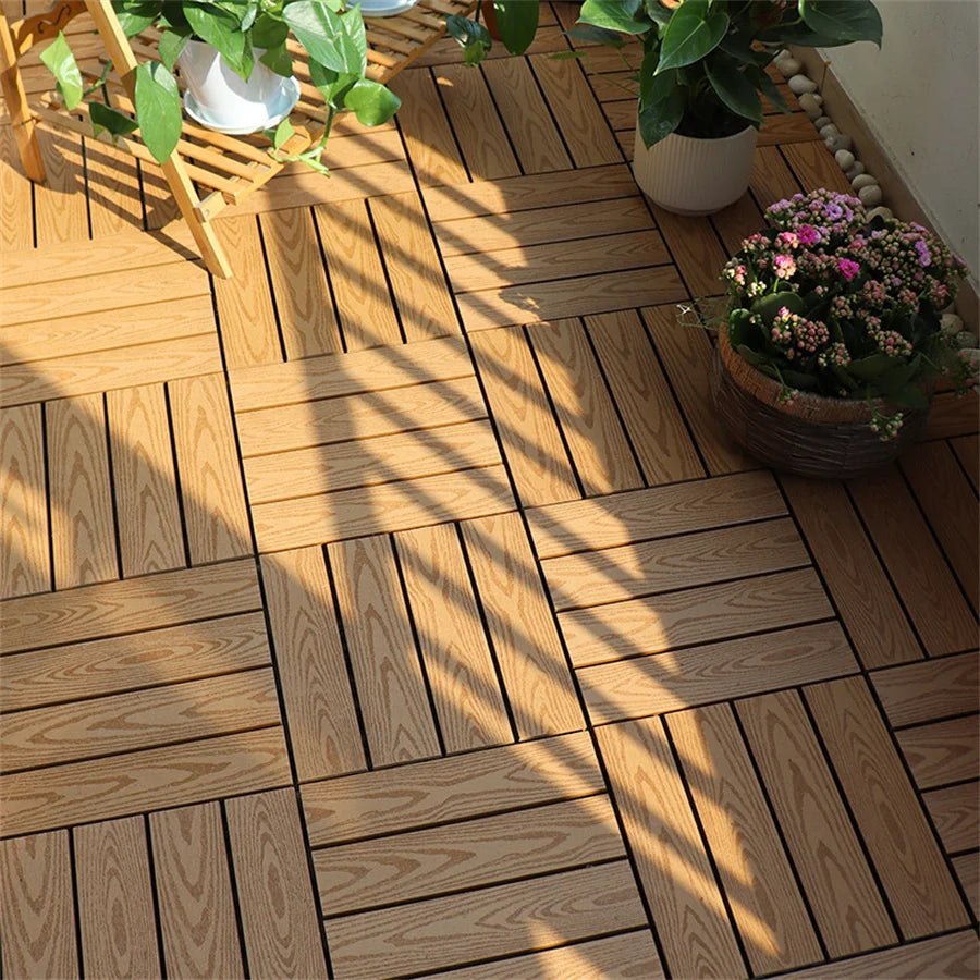 Placa wpc deck terasa 30x30 cm grosime 2.2 cm amenajari exterioare sistem interconectare culoare tec aspect lemn