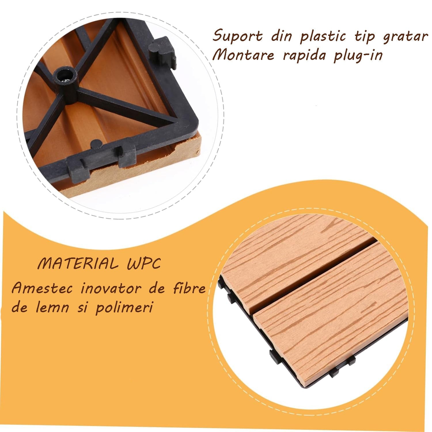 Placa wpc deck terasa 30x30 cm grosime 2.2 cm amenajari exterioare sistem interconectare culoare tec aspect lemn