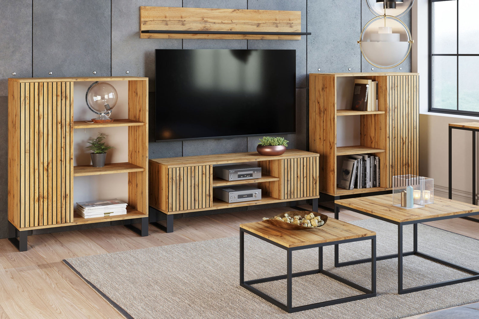 Focus loft dulap RTV 155 cm - decor stejar lamele artizanale