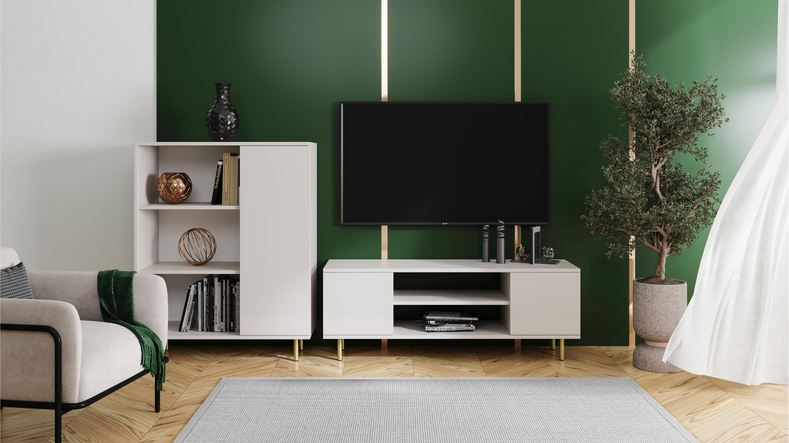 Dulap RTV din casmir Focus 135 cm - picioare aurii