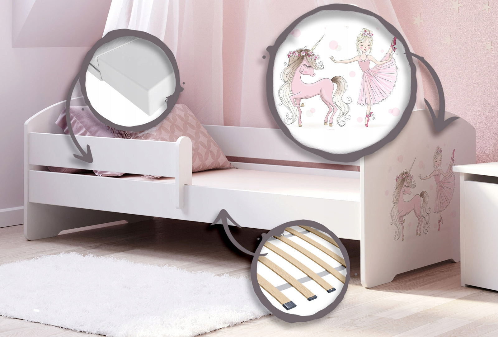 Pat copii LUK 160x60 cu balustrada - Fata cu unicorn