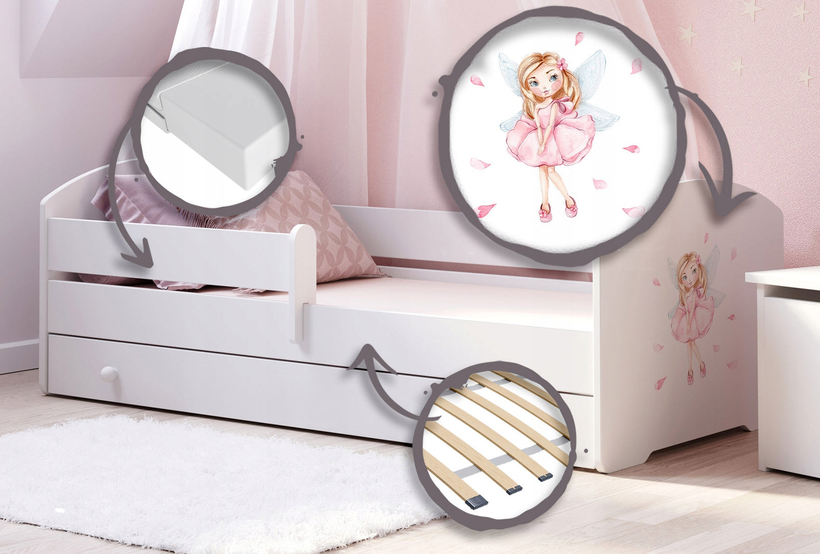 Pat copii Luk 160x80 cu sertar - Fata cu aripi