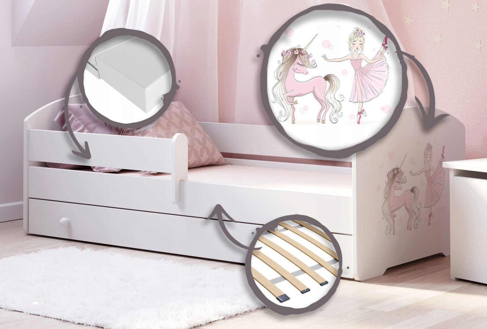 Pat copii Luk 160x80 cu sertar - Fata cu unicorn