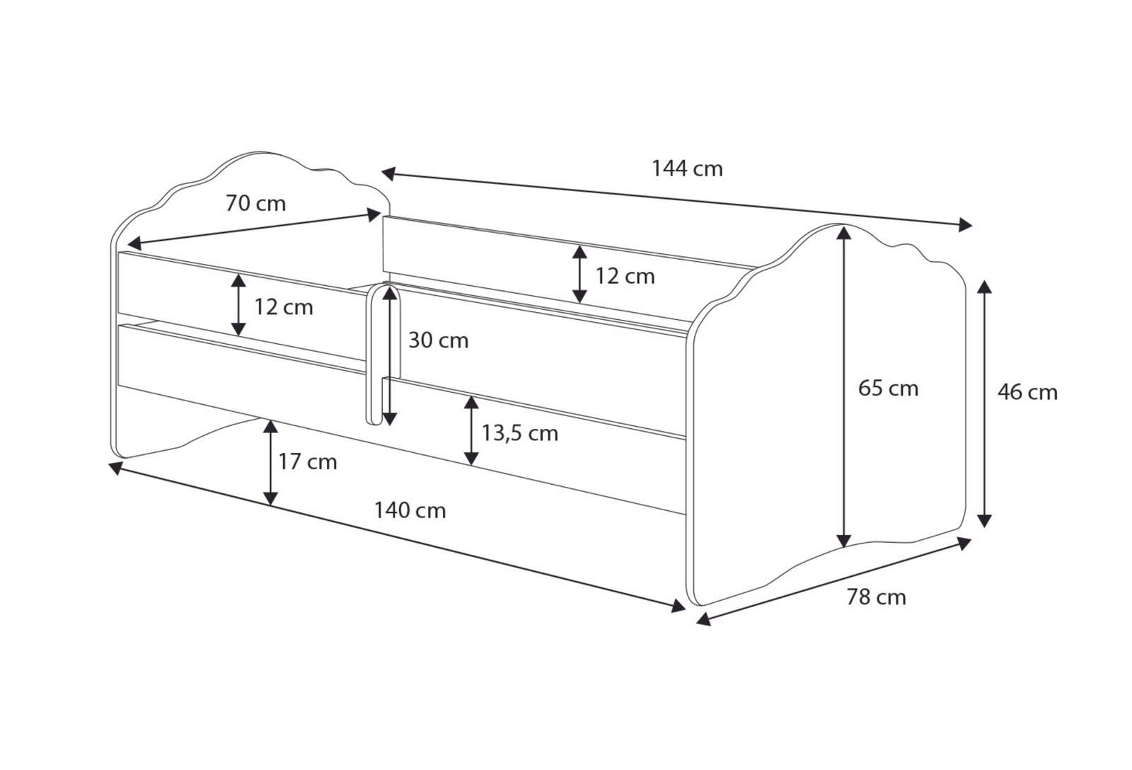 Pat copii FALA 140x70 cu balustrada - Fata cu unicorn