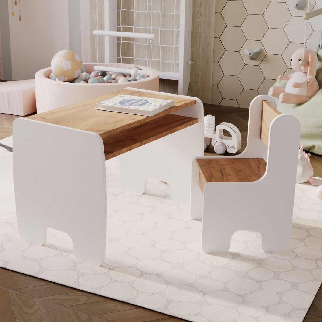 Set masa + scaun copii - culoare alb/stejar craft gold