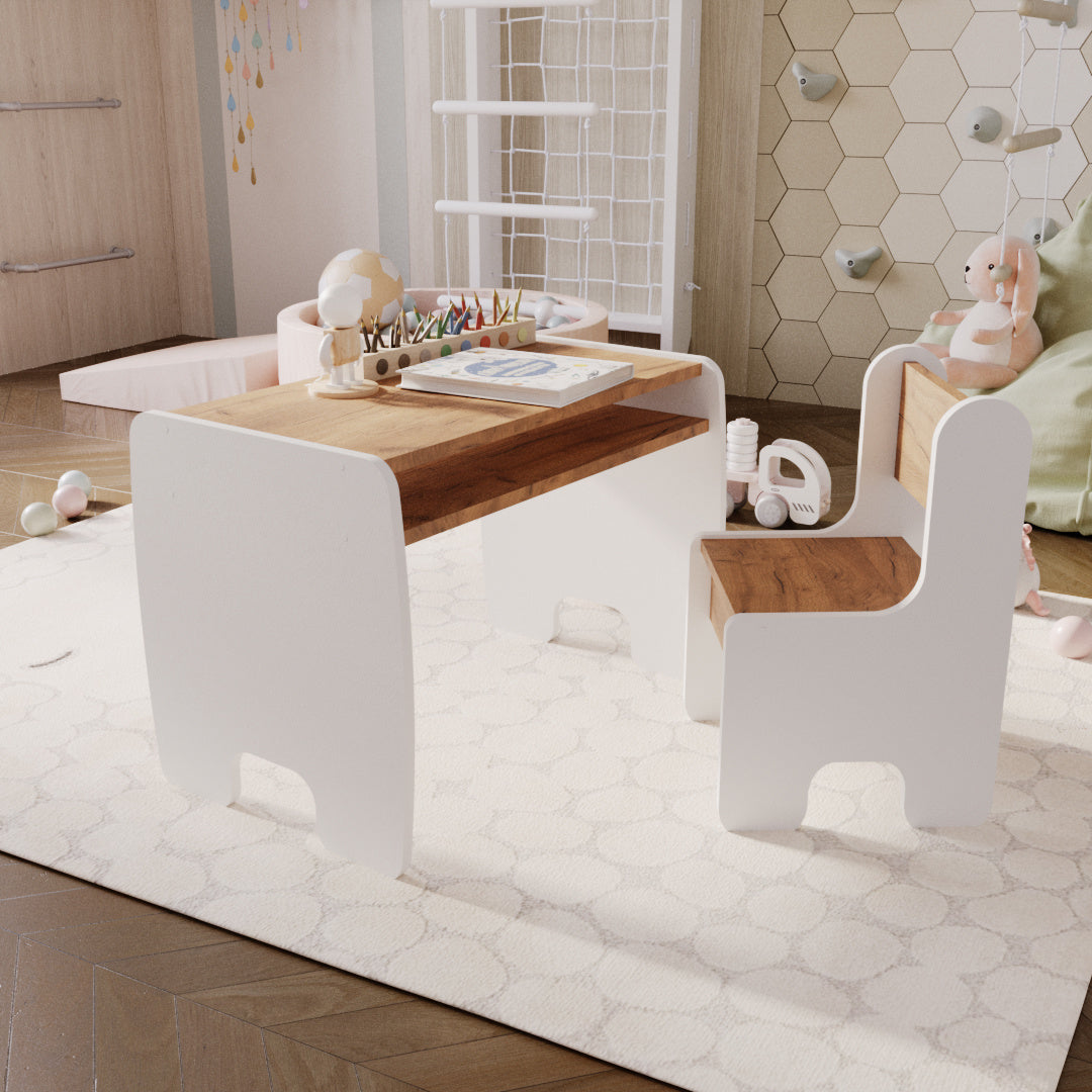 Set masa + scaun copii - culoare alb/stejar craft gold