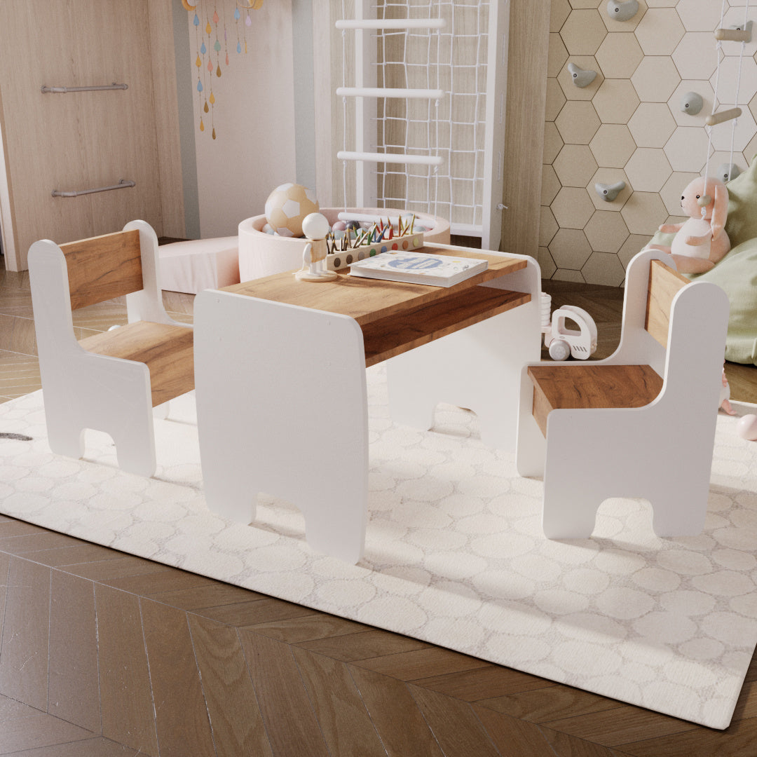 Set masa pentru copii si doua scaune pentru copii - culoare alb/stejar craft gold