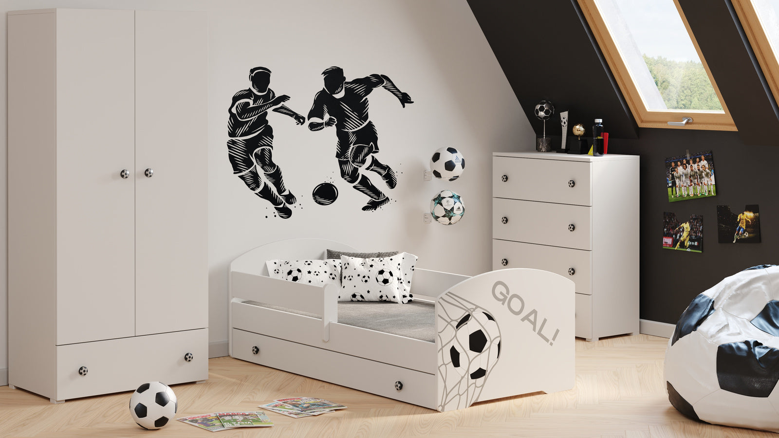 Pat copii 140x70 alb cu sertar fotbal