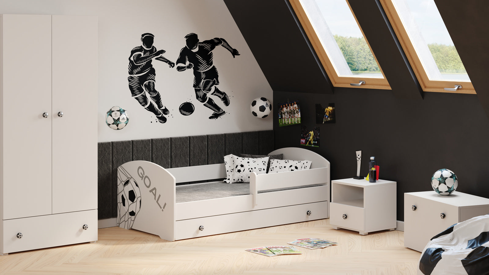 Pat copii 140x70 alb cu sertar fotbal