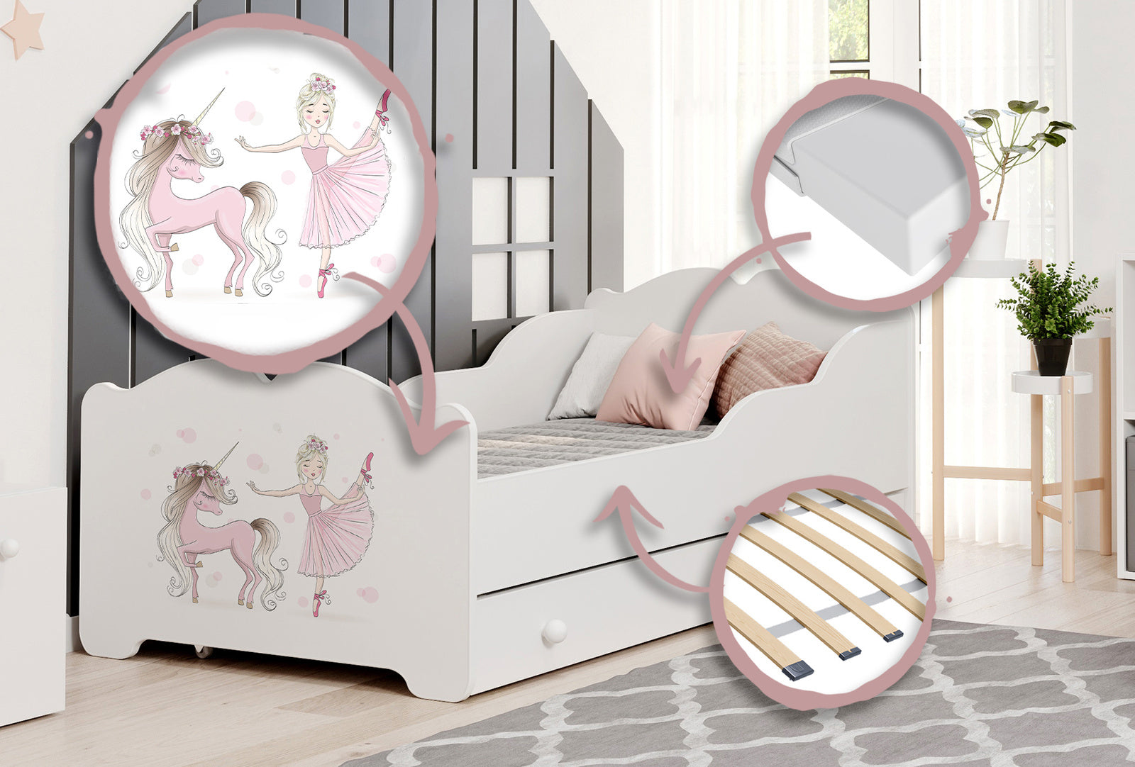 Pat copil ANNA cu sertar 140x70 Fata cu unicorn