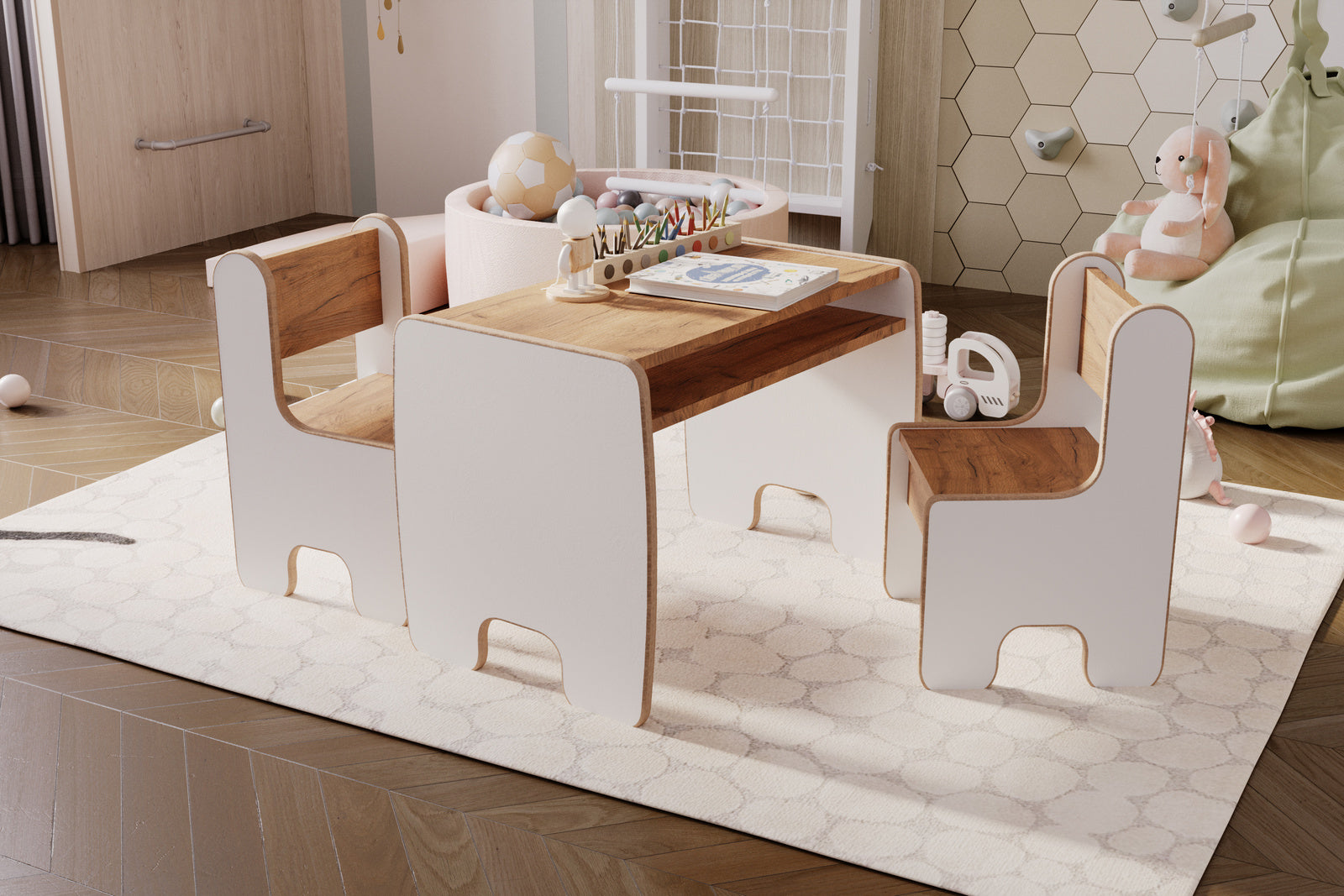 Masa copii Timi si doua scaune MDF culoare alb/stejar craft gold
