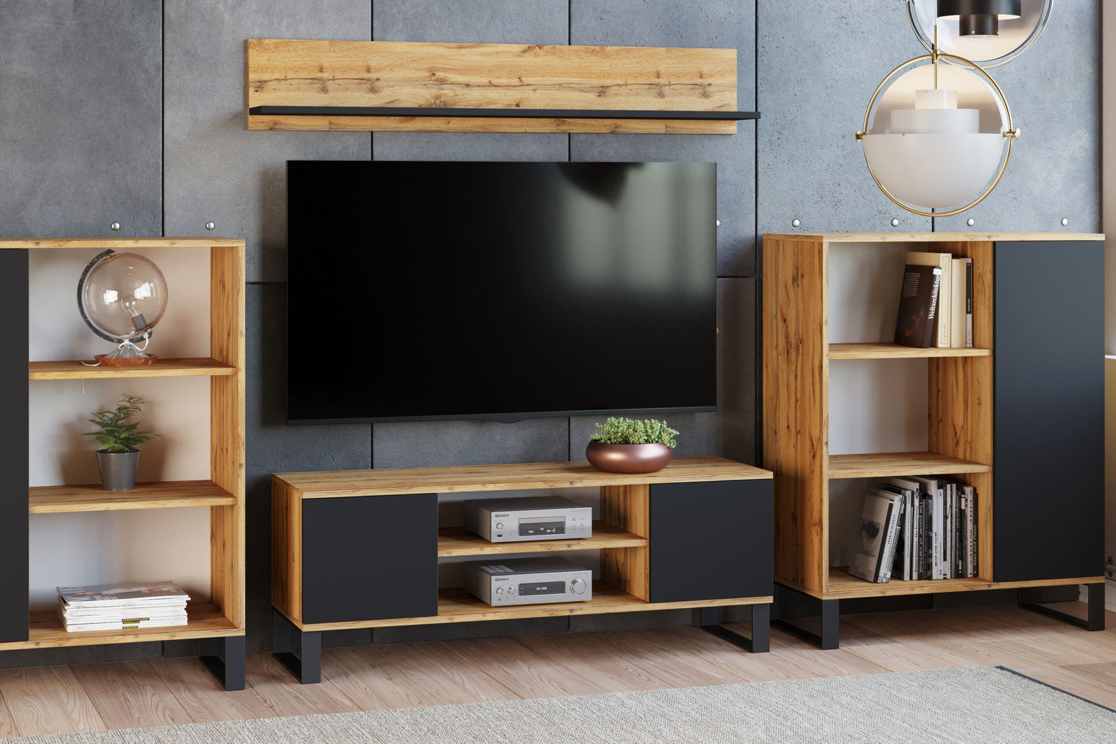 Dulap RTV Focus 155 cm - picioare metalice stejar craft - negru