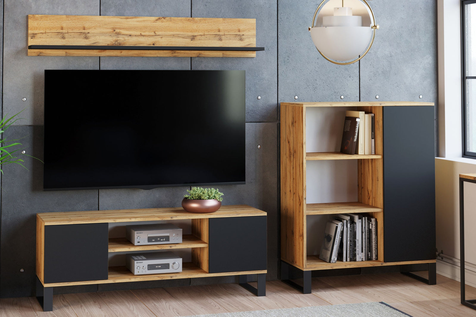 Dulap RTV Focus 155 cm - picioare metalice stejar craft - negru