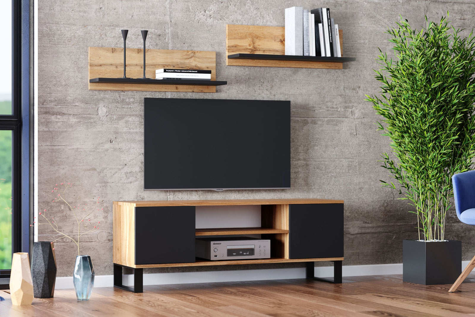 Dulap RTV Focus 155 cm - picioare metalice stejar craft - negru