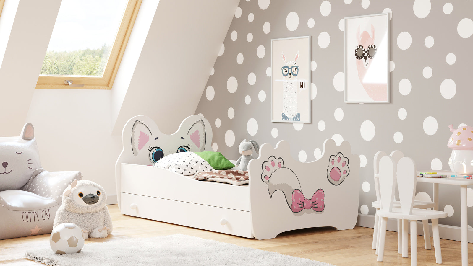 Pat copii Pink Cat 140x70 cu sertar