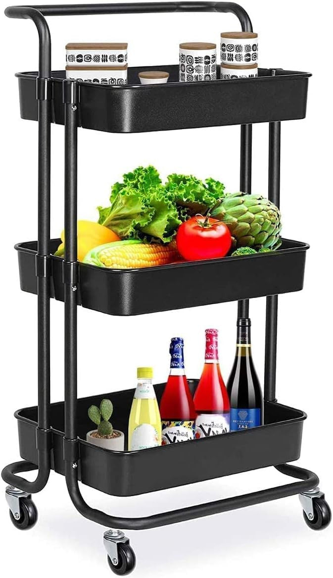 Raft depozitare cu 3 cosuri roti pivotante structura metalica abs 45x35x84 cm negru
