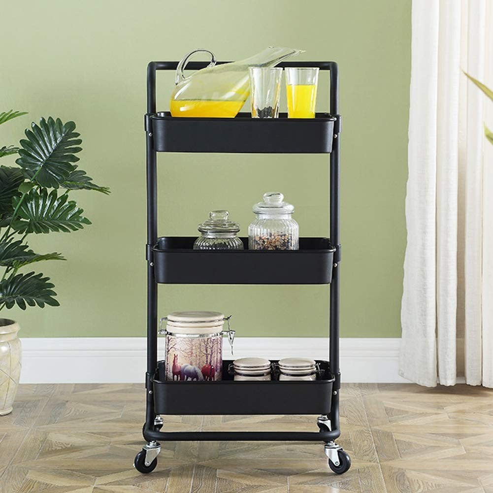 Raft depozitare cu 3 cosuri roti pivotante structura metalica abs 45x35x84 cm negru