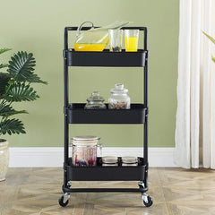 Raft depozitare cu 3 cosuri roti pivotante structura metalica abs 45x35x84 cm negru