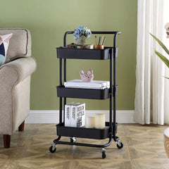 Raft depozitare cu 3 cosuri roti pivotante structura metalica abs 45x35x84 cm negru