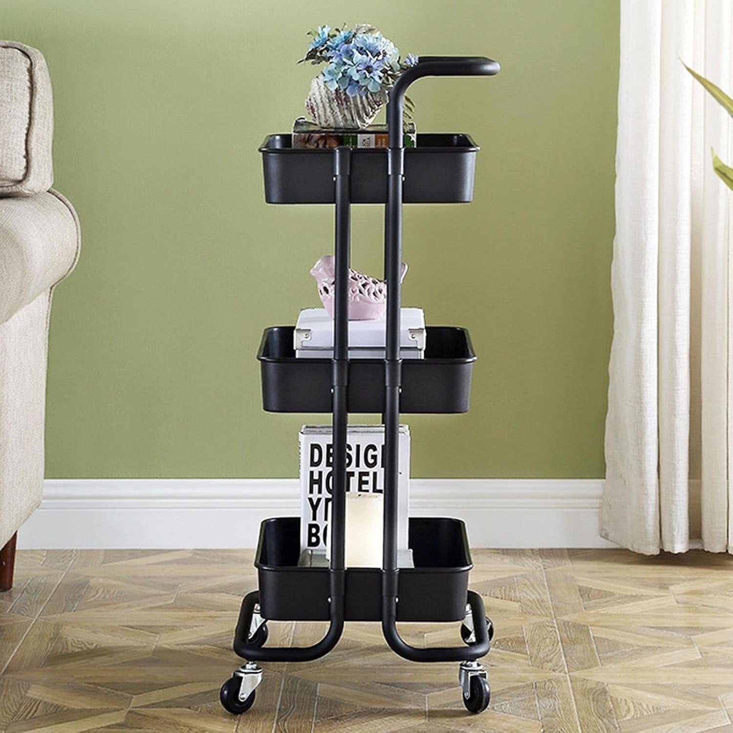 Raft depozitare cu 3 cosuri roti pivotante structura metalica abs 45x35x84 cm negru