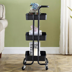 Raft depozitare cu 3 cosuri roti pivotante structura metalica abs 45x35x84 cm negru