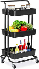 Raft depozitare cu 3 cosuri roti pivotante structura metalica abs 45x35x84 cm negru