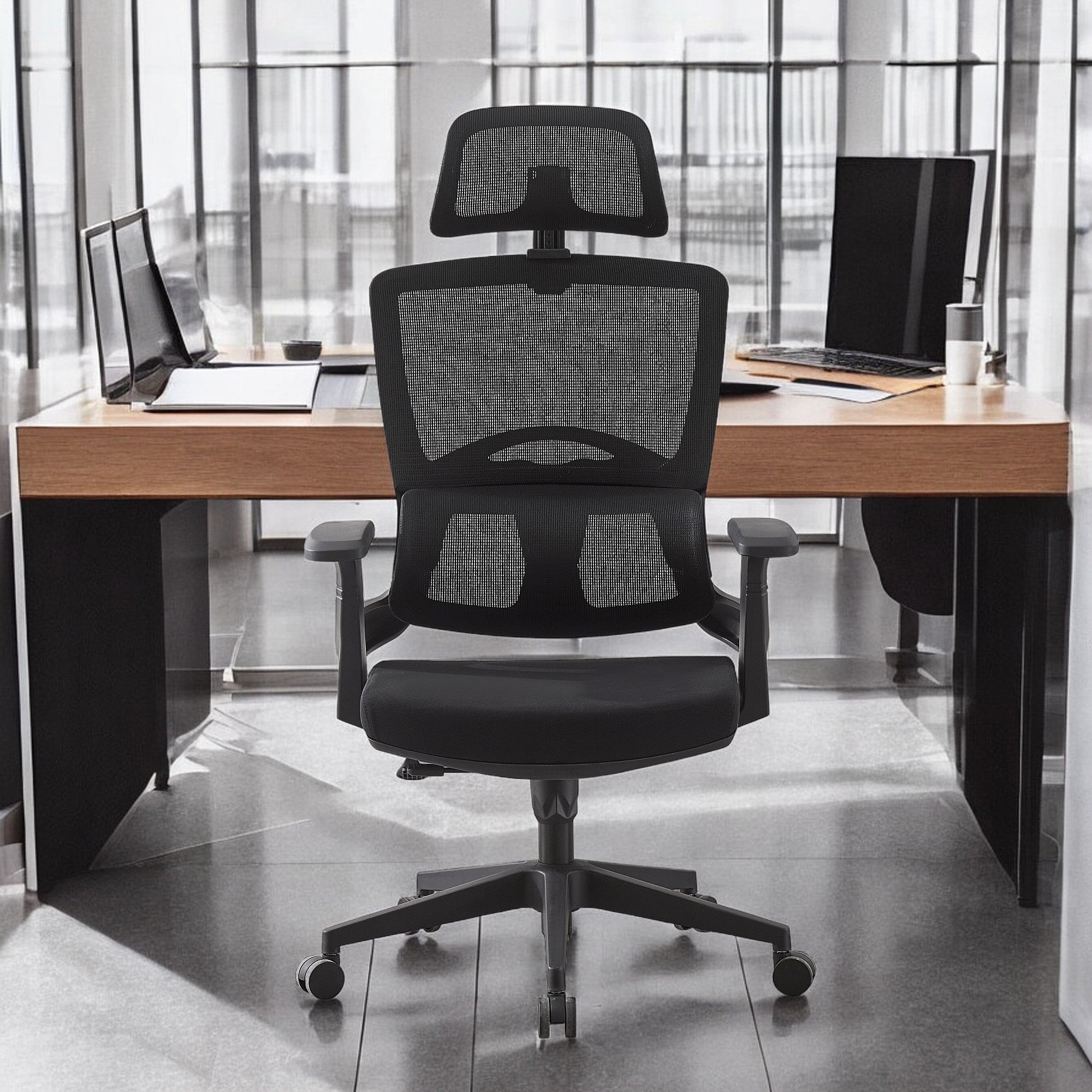 Scaun ergonomic de birou suport lombar integrat reglare inaltime tetiera reglabila pivotant mesh negru