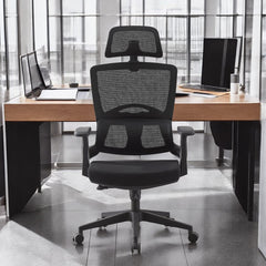 Scaun ergonomic de birou suport lombar integrat reglare inaltime tetiera reglabila pivotant mesh negru