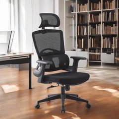 Scaun ergonomic de birou suport lombar integrat reglare inaltime tetiera reglabila pivotant mesh negru