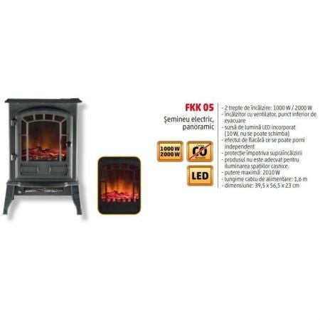 Semineu electric Panoramic negru 2000 w 2 trepte de incalzire