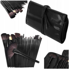 Set 24 pensule profesionale make-up par sintetic husa piele ecologica maner lemn