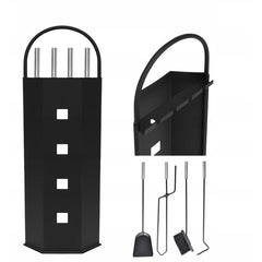 Set 4 unelte pentru semineu suport depozitare otel inoxidabil design elegant negru mat