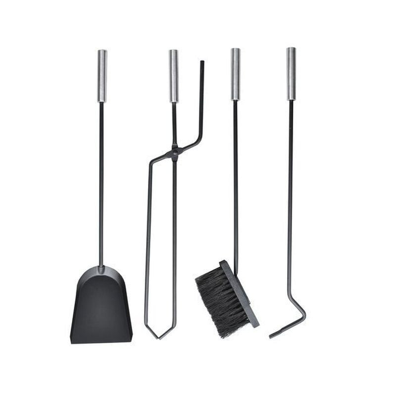 Set 4 unelte pentru semineu suport depozitare otel inoxidabil design elegant negru mat