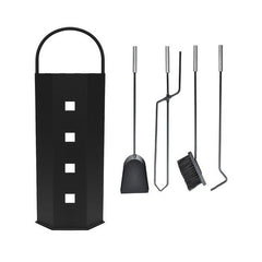 Set 4 unelte pentru semineu suport depozitare otel inoxidabil design elegant negru mat