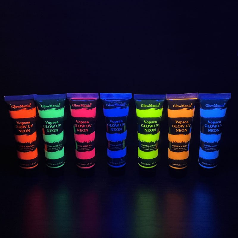 Set 7 culori vopsea glow uv neon 25 mlculoare pentru corp si fata pe baza de apa