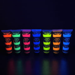 Set 7 culori vopsea glow uv neon 25 mlculoare pentru corp si fata pe baza de apa