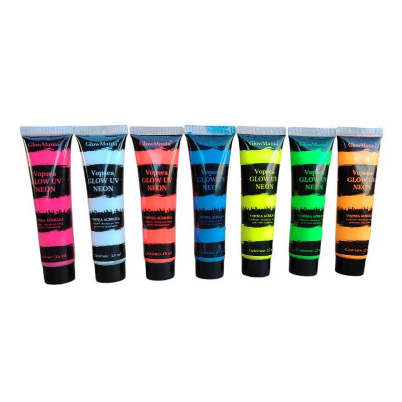 Set 7 culori vopsea glow uv neon 25 mlculoare pentru corp si fata pe baza de apa