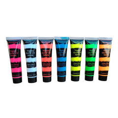 Set 7 culori vopsea glow uv neon 25 mlculoare pentru corp si fata pe baza de apa