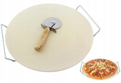 Set blat ceramic pentru copt pizza si cutit diametru 33 cm cu manere metalice