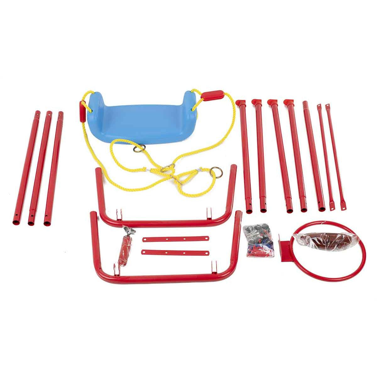 Set de gradina 3in1 pentru copii Leagan cu Cos de Baschet metalic culoare Rosu