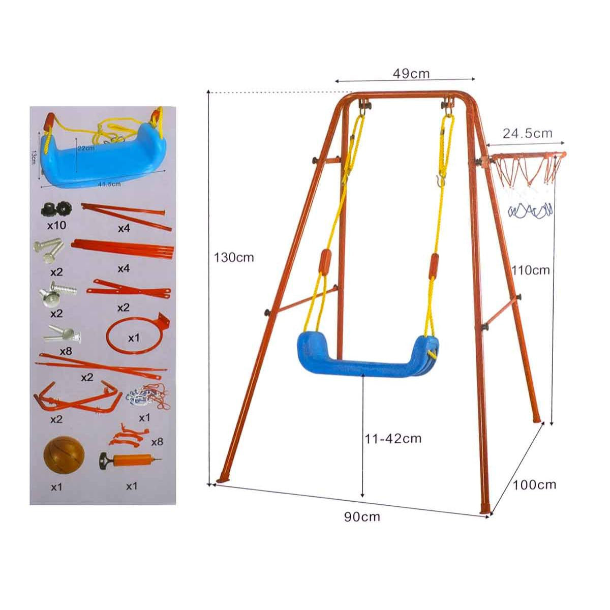 Set de gradina 3in1 pentru copii Leagan cu Cos de Baschet metalic culoare Rosu