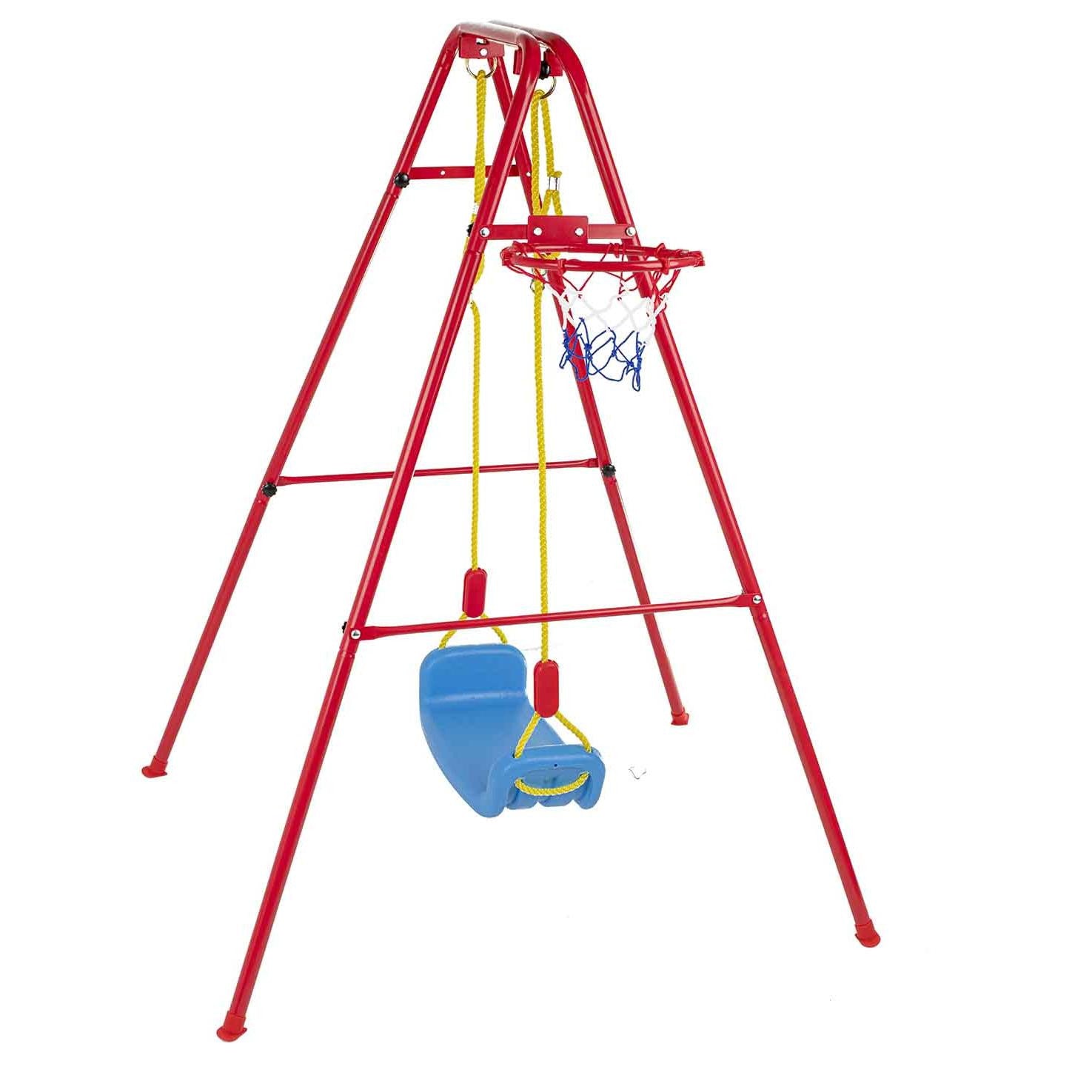 Set de gradina 3in1 pentru copii Leagan cu Cos de Baschet metalic culoare Rosu