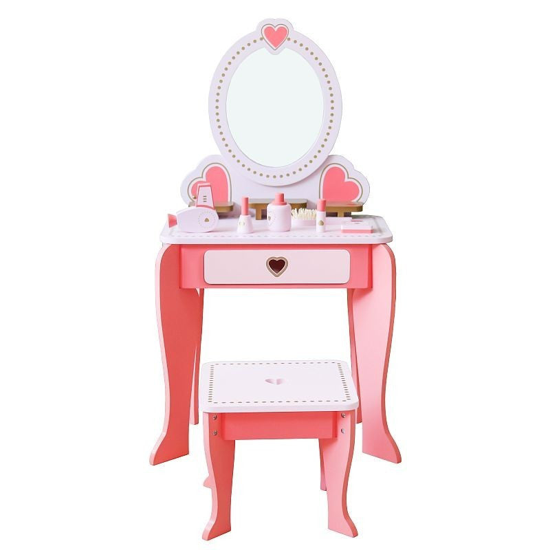 Set infrumusetare cu masa machiaj fetite din lemn si accesorii Roz