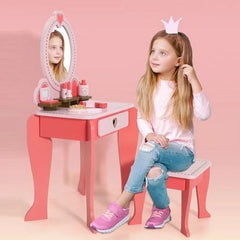 Set infrumusetare cu masa machiaj fetite din lemn si accesorii Roz