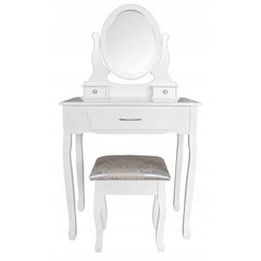 Set masa de toaleta si scaun oglinda ovala 3 sertare design vintage alb